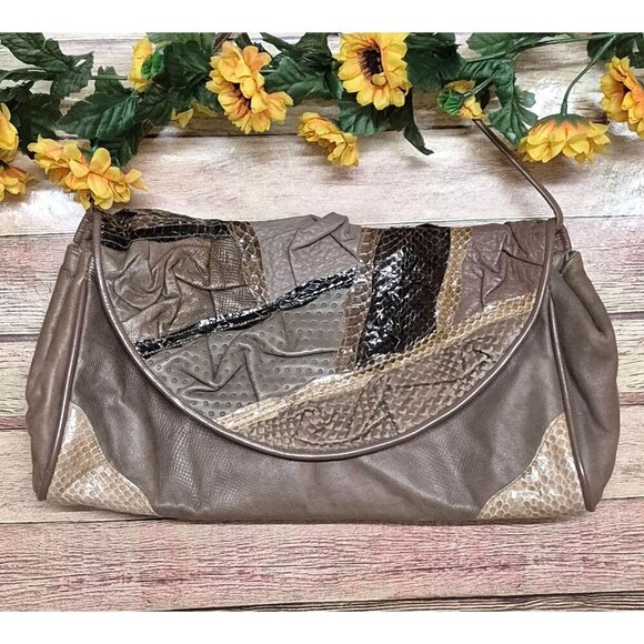 Vintage 80s Eleganza by JJ Purse Envelope Handbag Genuine Leather Brown Snakeski - Picture 2 of 10
